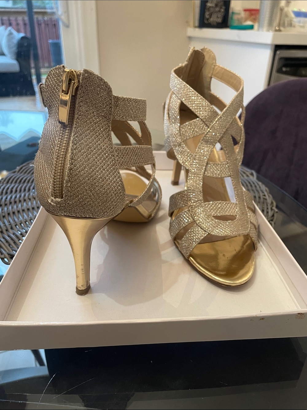 Gold Glitter Strappy High Heel Sandals with Back Zipper